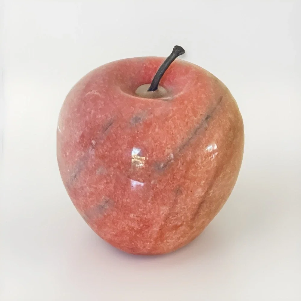 Marble Alabaster Stone Apple Pink With Blue Streaks Brown Stem Paperweight